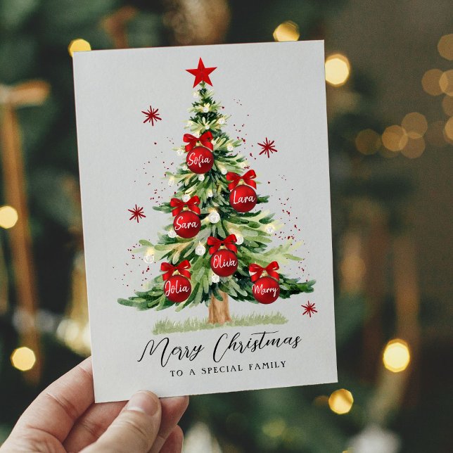 Modern Family Name Merry Christmas Tree Cards (Creator Uploaded)