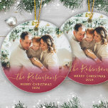 Modern Family Name Script Photo Merry Christmas   Ceramic Ornament<br><div class="desc">Elegant Modern Red and Gold Hand Lettered Script "Family Name" Merry Christmas Photo Ornament. Features a family photo, "family name" calligraphy text in handwritten script, with Merry Christmas text and year photo overlay (in red and gold). Easy to personalize it. Photo tip: crop your photo to square form before upload...</div>