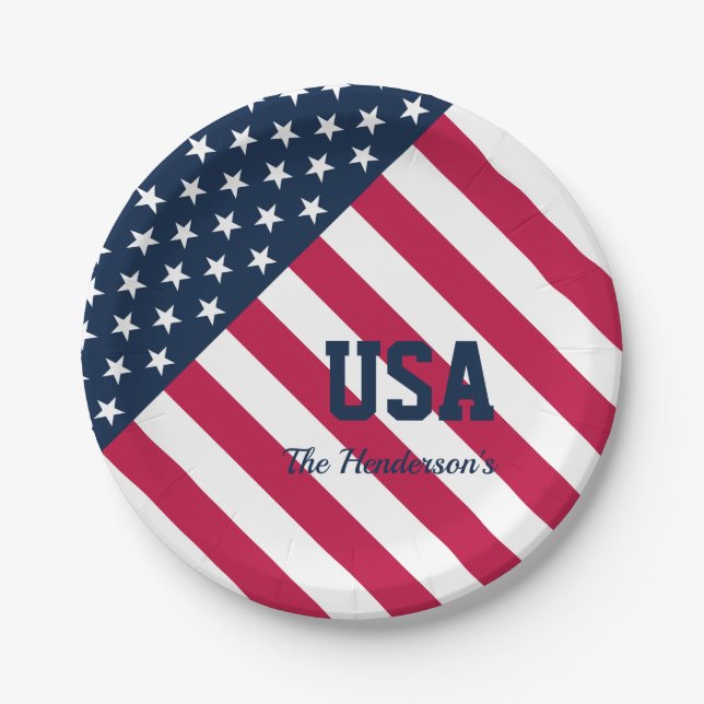 Modern Family Name U.S.A. Flag  Paper Plate (Front)