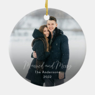 Modern Family Name Year Photo Married Merry  Ceramic Ornament