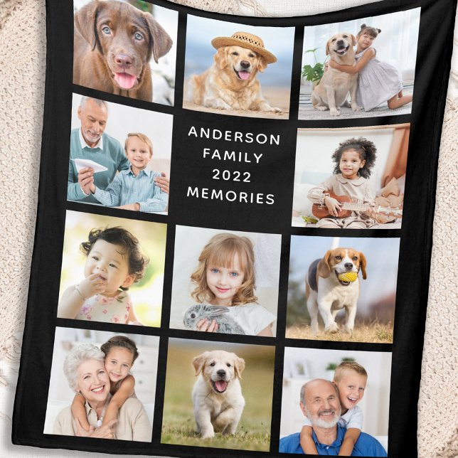 Modern Family Personalized 11 Photo Collage Black  Fleece Blanket (Creator Uploaded)