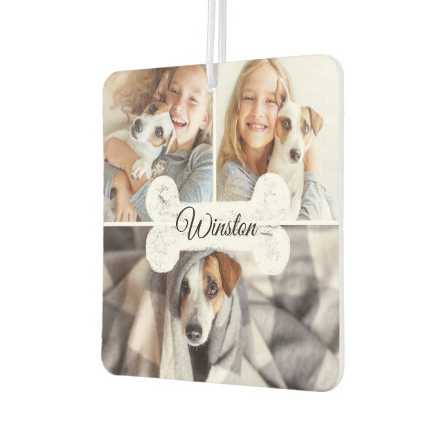 Modern Family Pet 3 Photo Collage Dog Bone & Name Air Freshener (Left)