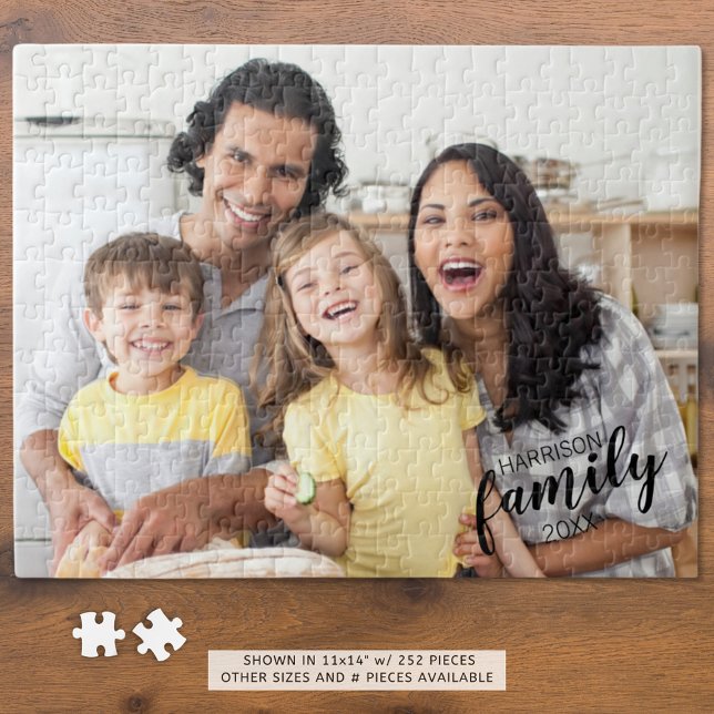Modern Family Photo Black Script Name and Date Jigsaw Puzzle (Creator Uploaded)
