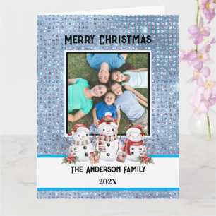 Modern Family Photo Blue Studded Snowman Christmas Card
