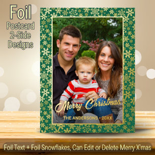 Modern family photo Christmas elegant script green Foil Holiday Postcard