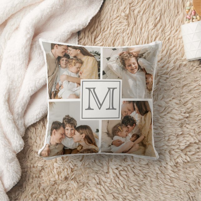 Modern Family Photo Collage | Custom Monogram Gift Throw Pillow (Blanket)