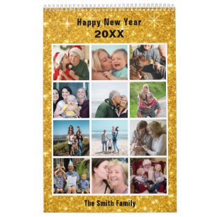 Modern Family Photo Collage Gold Glitter Custom  Calendar