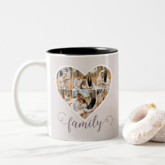 Modern FAMILY Photo Collage Love Script Heart Two-Tone Coffee Mug