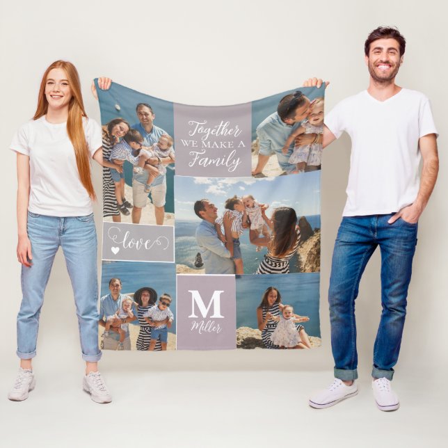 Modern FAMILY Photo Collage Monogram Name 5 photos Fleece Blanket (In Situ)
