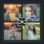 Modern Family photo collage monogram name Square Wall Clock<br><div class="desc">Family photo collage clock. You can add 4 photos.
Add your own personal photos to personalize the clock and add your own name,  monogram and year.
 If you need help please contact me.</div>