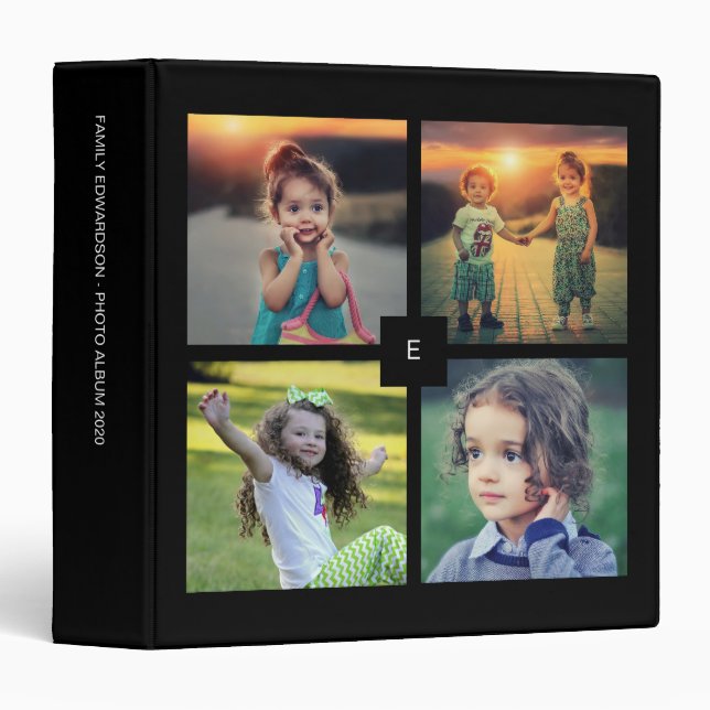 Modern family photo collage monogrammed black binder (Front/Spine)
