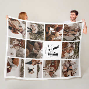 Modern Family Photo Collage Monogrammed Keepsake Fleece Blanket