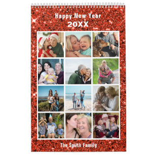 Modern Family Photo Collage Red Glitter Custom Calendar
