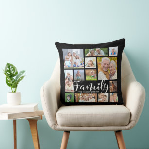Modern FAMILY Photo Collage Script Heart Black Throw Pillow