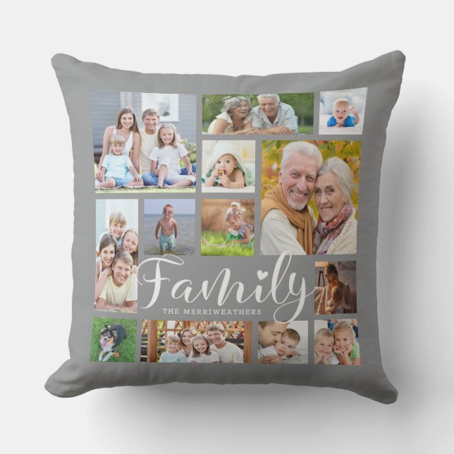 Modern FAMILY Photo Collage Script Heart Grey Throw Pillow (Front)
