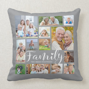 Modern FAMILY Photo Collage Script Heart Grey Throw Pillow