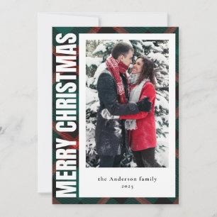 Modern Family Photo Green and Red Plaid Christmas Holiday Card