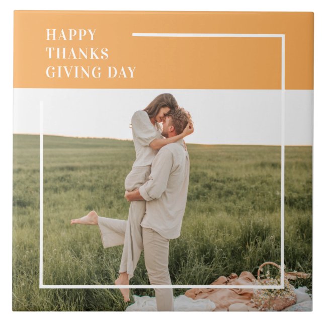 Modern Family Photo& Happy Thanksgiving Day Gift Tile (Front)