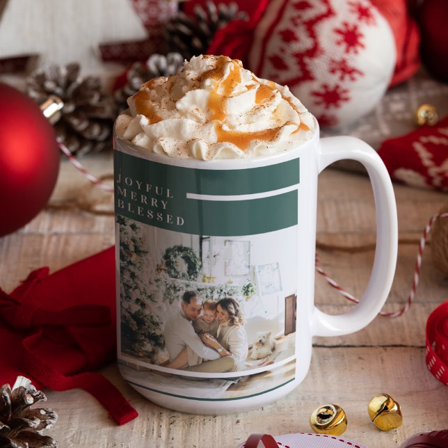 Modern Family Photo | Joyful Merry Blessed | Green Coffee Mug (Creator Uploaded)