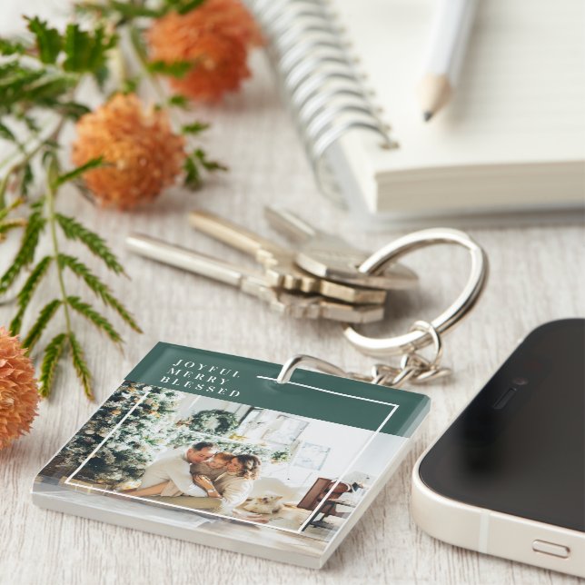 Modern Family Photo | Joyful Merry Blessed | Green Keychain (Front Right)