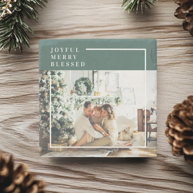 Modern Family Photo | Joyful Merry Blessed | Green Stone Coaster (Creator Uploaded)