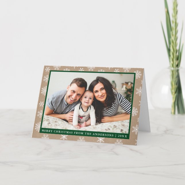 Modern Family Photo Kraft Snowflake Folded Green Holiday Card (Front)