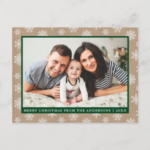 Modern Family Photo Kraft Snowflake Holiday Green Postcard
