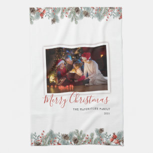 Modern Family Photo Merry Christmas Rustic Kitchen Towel
