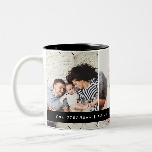 Modern Family Photo Monogram and Established Date Two-Tone Coffee Mug (Left)