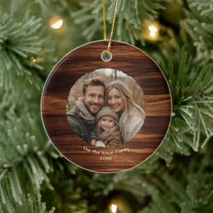 Modern Family Photo on Wood Personalized Christmas Ceramic Ornament
