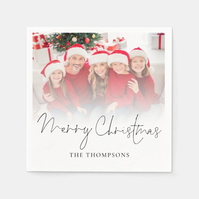 Modern Family Photo Overlay Script Merry Christmas Napkin (Front)