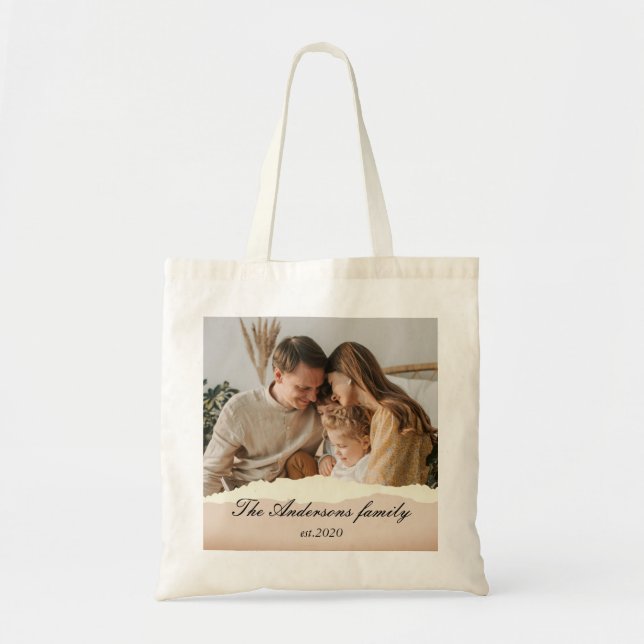 Modern Family Photo & Personalized Name Gift Tote Bag (Front)