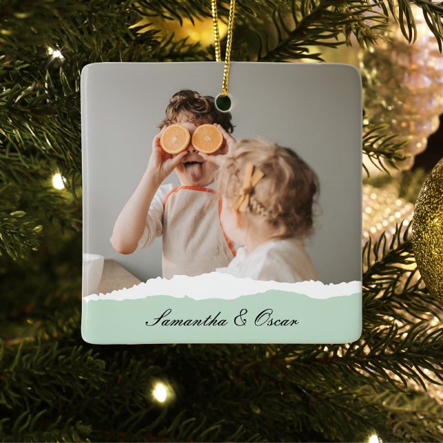 Modern Family Photo & Personalized Name Mint Gift Ceramic Ornament (Creator Uploaded)