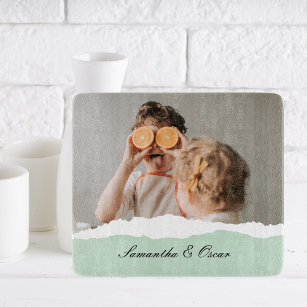 Modern Family Photo & Personalized Name Mint Gift Cutting Board