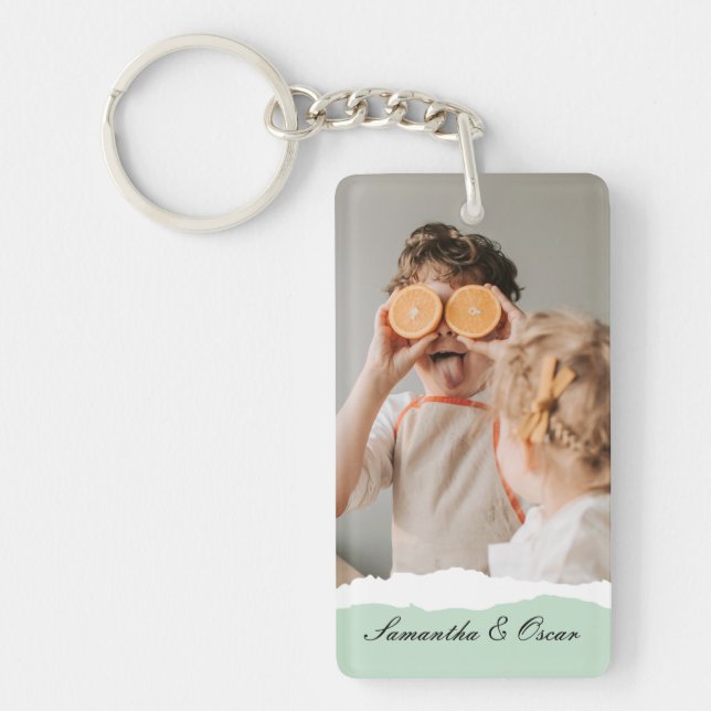 Modern Family Photo & Personalized Name Mint Gift Keychain (Front)