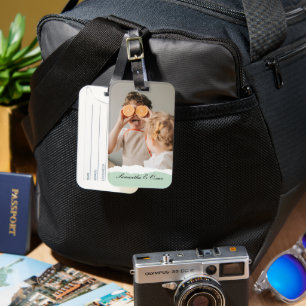 Modern Family Photo & Personalized Name Mint Gift Luggage Tag