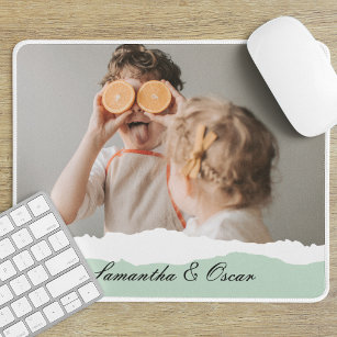 Modern Family Photo & Personalized Name Mint Gift Mouse Pad
