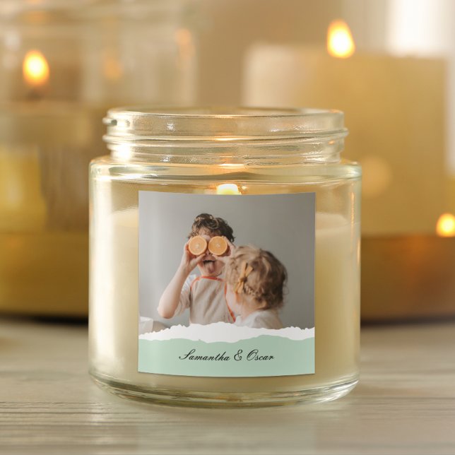 Modern Family Photo & Personalized Name Mint Gift Square Sticker (Creator Uploaded)