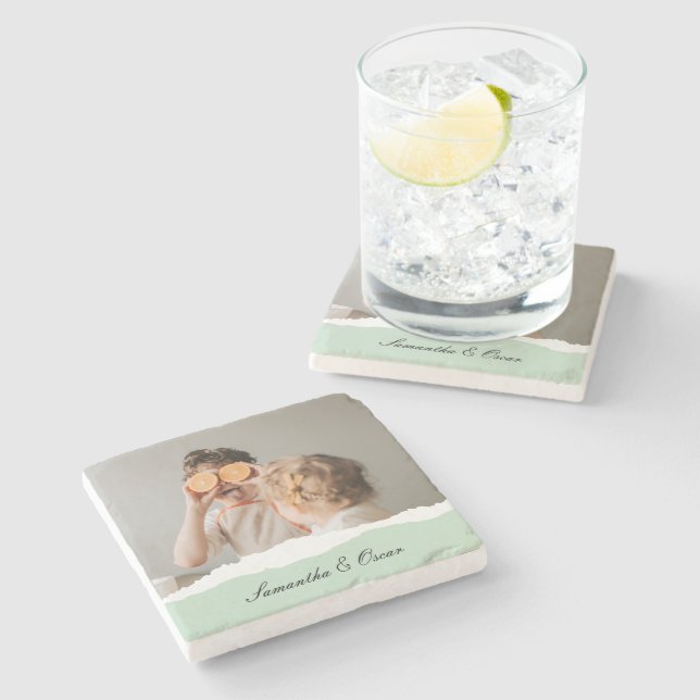 Modern Family Photo & Personalized Name Mint Gift Stone Coaster (Side)