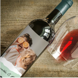 Modern Family Photo & Personalized Name Mint Gift Wine Label