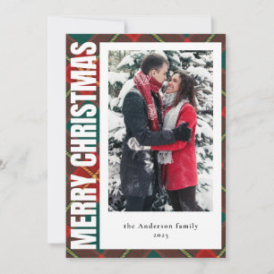 Modern Family Photo Red and Green Plaid Christmas Holiday Card