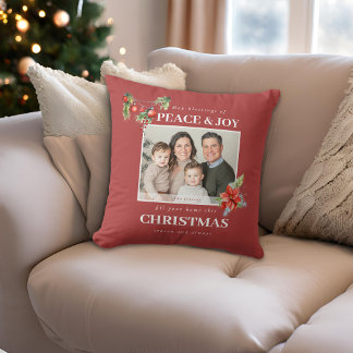 Modern Family Photo Red Christmas Throw Pillow