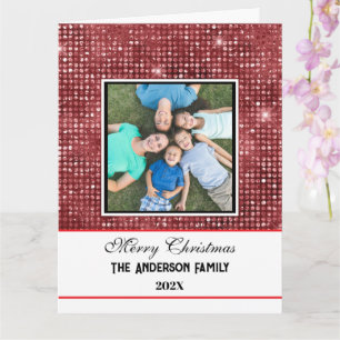 Modern Family Photo Red glitter Merry Christmas Card