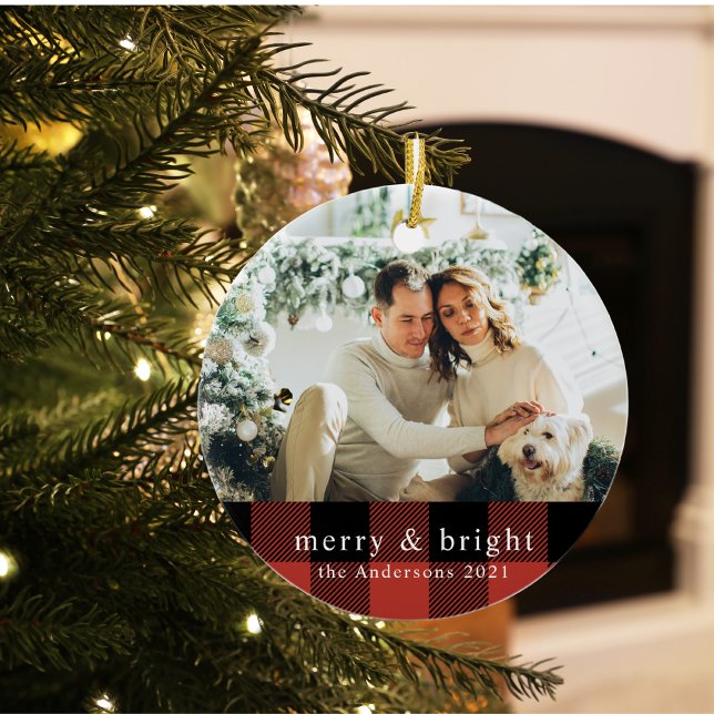 Modern Family Red Buffalo Plaid With Photo Ceramic Ornament (Creator Uploaded)