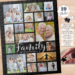 Modern FAMILY Scrip Photo Collage Name Black Jigsaw Puzzle<br><div class="desc">Easily create a fun family activity or pastime filled with memories with this modern photo collage puzzle featuring a variety of sizes and shapes for 19 photos and the title FAMILY in a chic handwritten script font dotted with a heart and personalized with the family's name. PHOTO TIP: For fastest/best...</div>