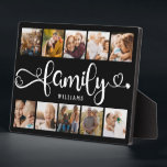 Modern Family Script Collage Chic 10 Photo Collage Plaque<br><div class="desc">Modern custom photo collage plaque with space for 10 photos surrounding a trendy swirly script reading FAMILY and your custom name below.</div>