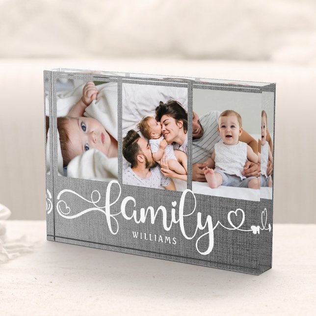 Modern Family Script Collage Linen 3 Photo Block (Creator Uploaded)
