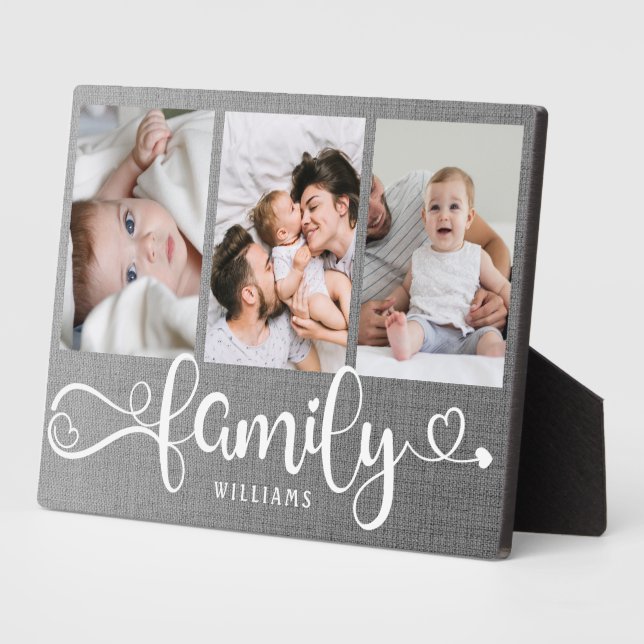 Modern Family Script Collage Linen 3 Photo Block Plaque (Side)