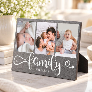 Modern Family Script Collage Linen 3 Photo Block Plaque