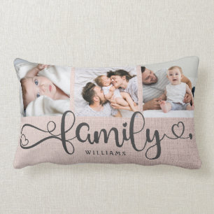 Modern Family Script Rose Linen 3 Photo Collage Lumbar Pillow